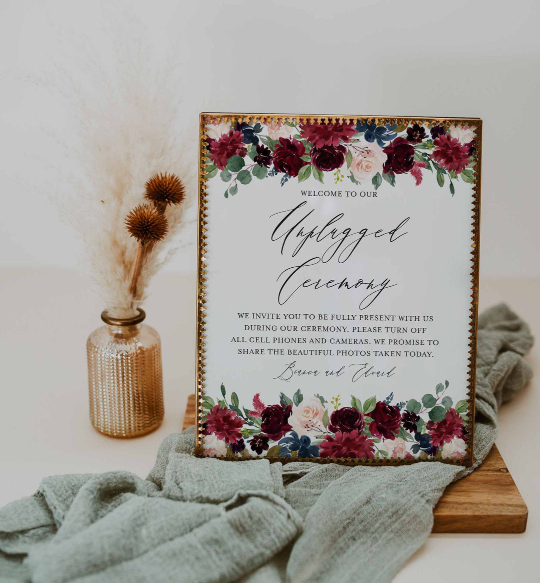 Burgundy Navy Wedding Unplugged Ceremony Sign Printable