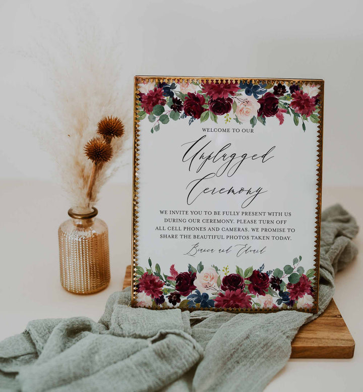 Burgundy Navy Wedding Unplugged Ceremony Sign Printable