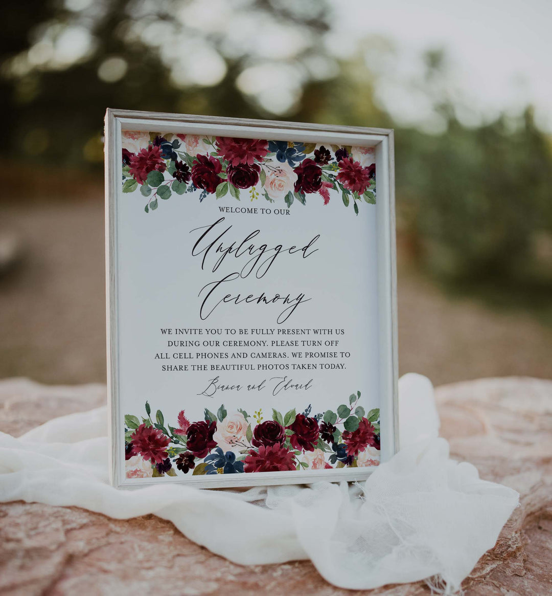 Burgundy Navy Wedding Unplugged Ceremony Sign Printable