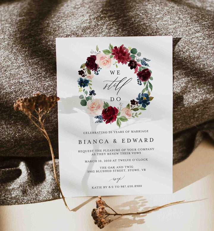 Burgundy Navy Wedding Vow Renewal Invitation Printable