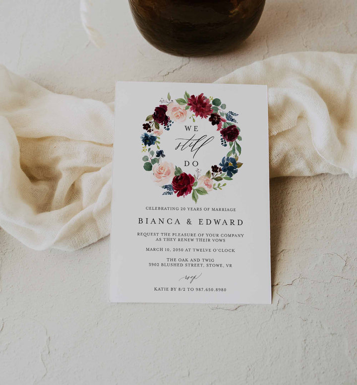 Burgundy Navy Wedding Vow Renewal Invitation Printable