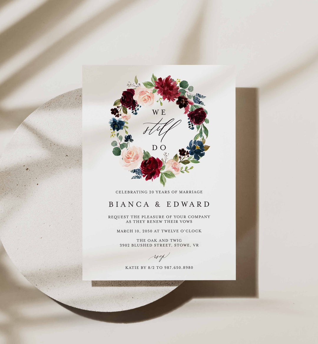 Burgundy Navy Wedding Vow Renewal Invitation Printable