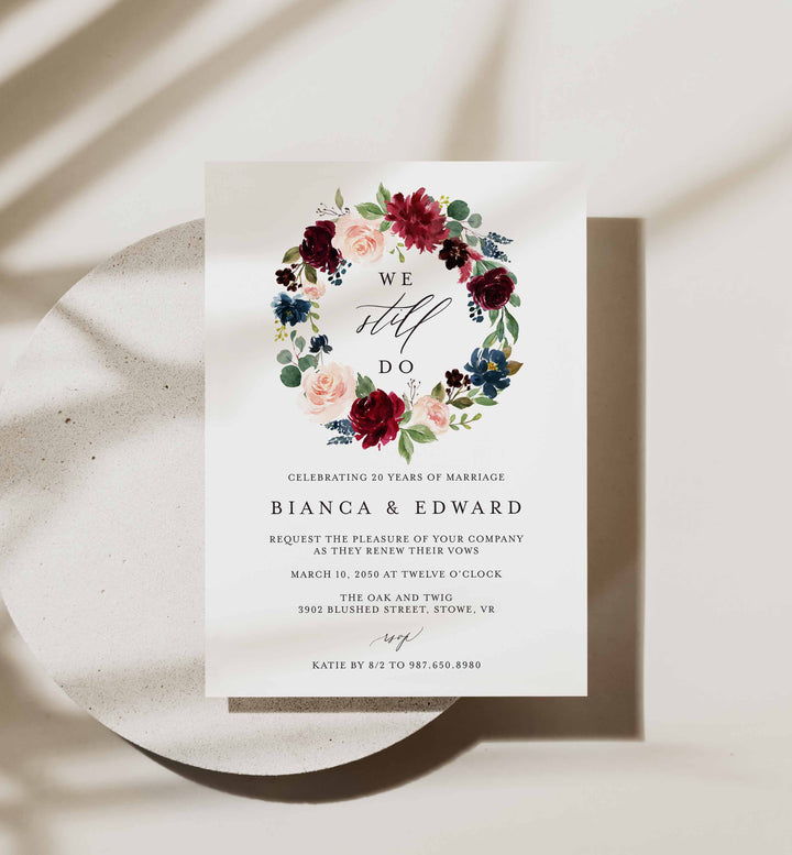 Burgundy Navy Wedding Vow Renewal Invitation Printable