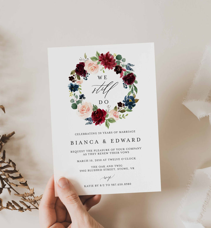 Burgundy Navy Wedding Vow Renewal Invitation Printable