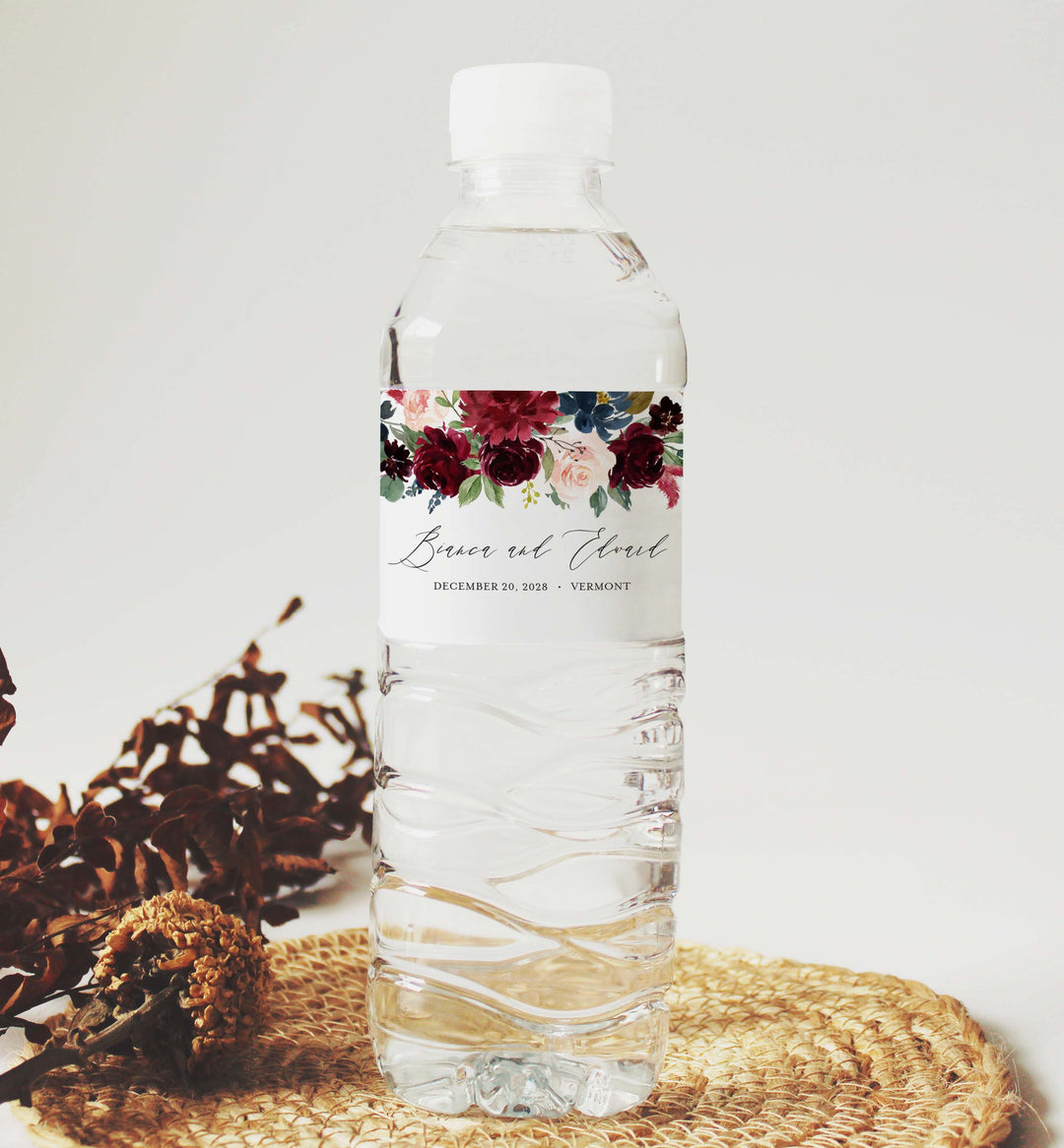Burgundy Navy Wedding Water Bottle Label Printable
