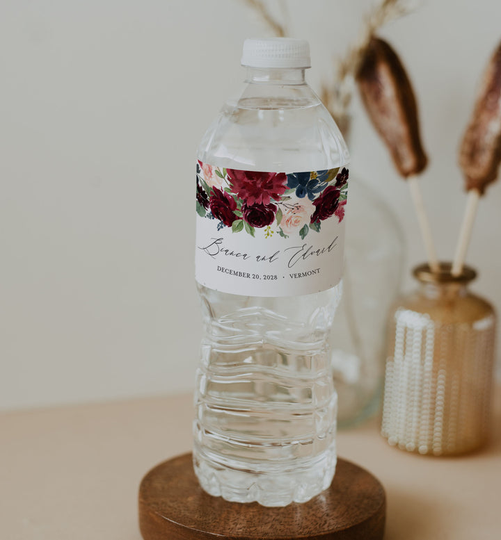 Burgundy Navy Wedding Water Bottle Label Printable