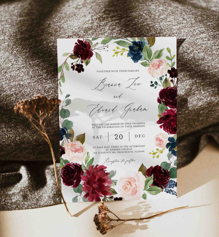 Burgundy Navy Wedding Invitation Printable