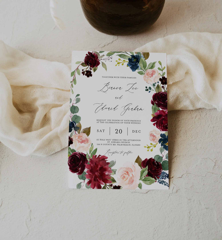 Burgundy Navy Wedding Invitation Printable