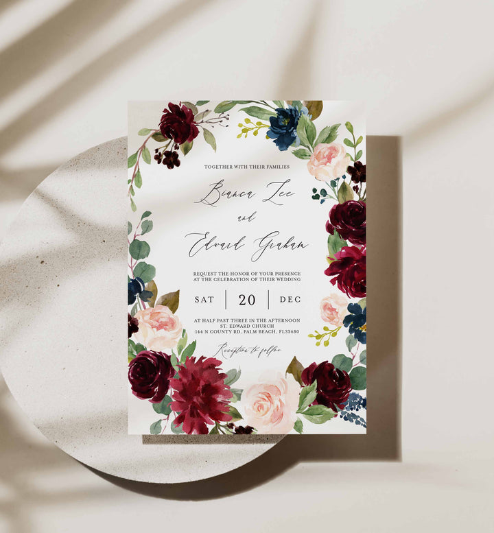 Burgundy Navy Wedding Invitation Printable