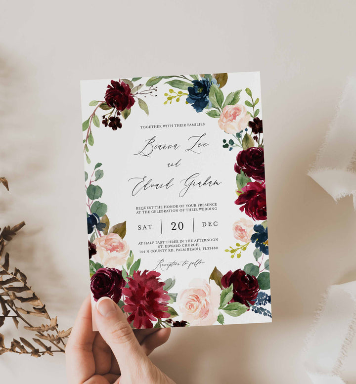 Burgundy Navy Wedding Invitation Printable