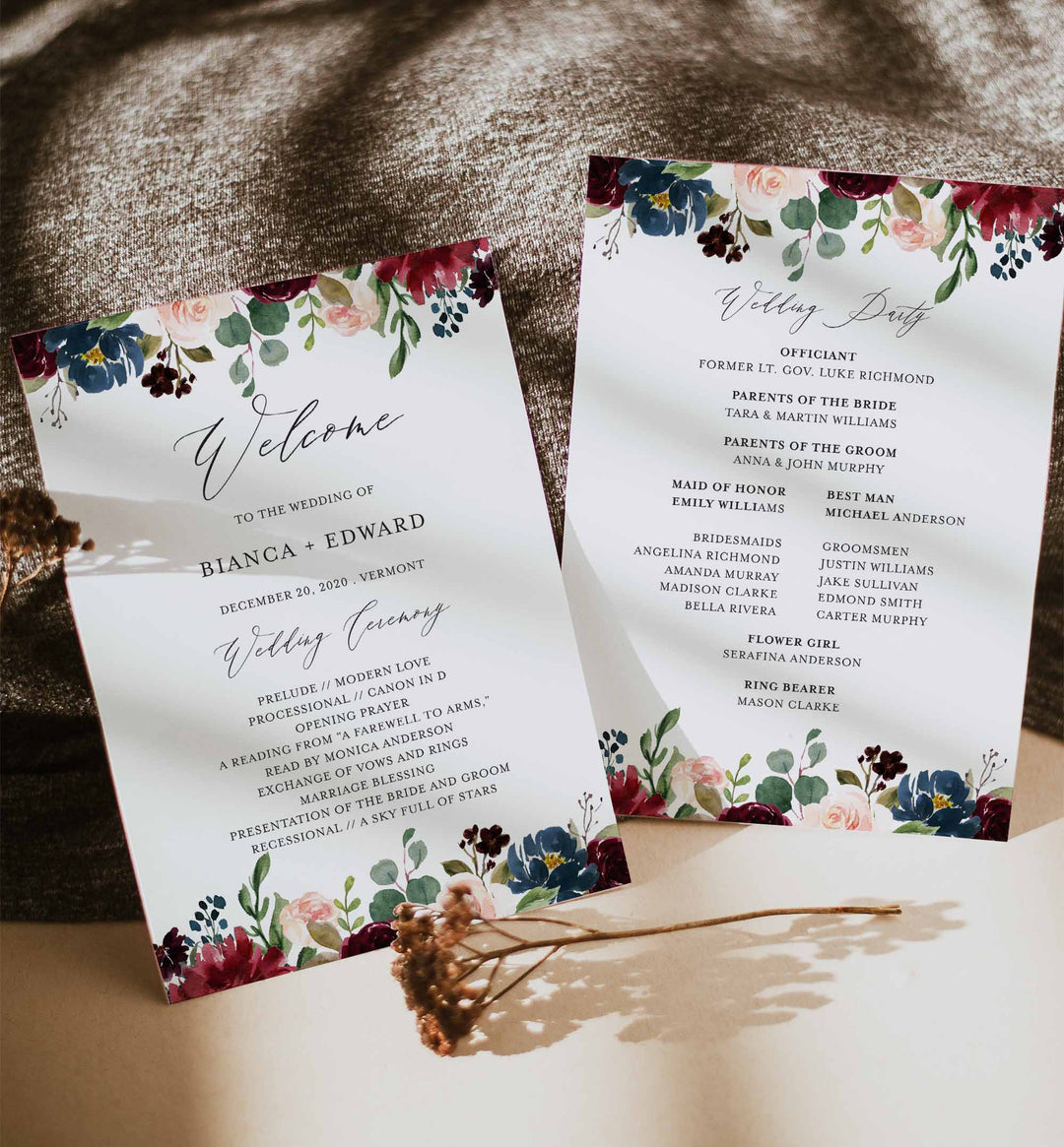 Burgundy Navy Fan Wedding Program Printable