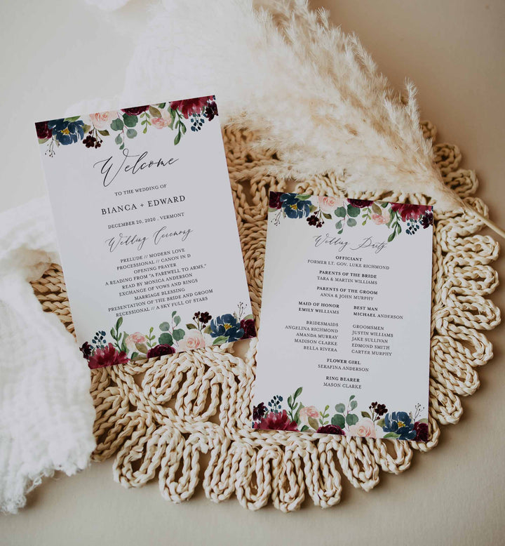 Burgundy Navy Fan Wedding Program Printable