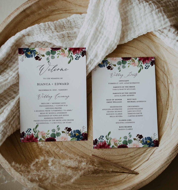 Burgundy Navy Fan Wedding Program Printable
