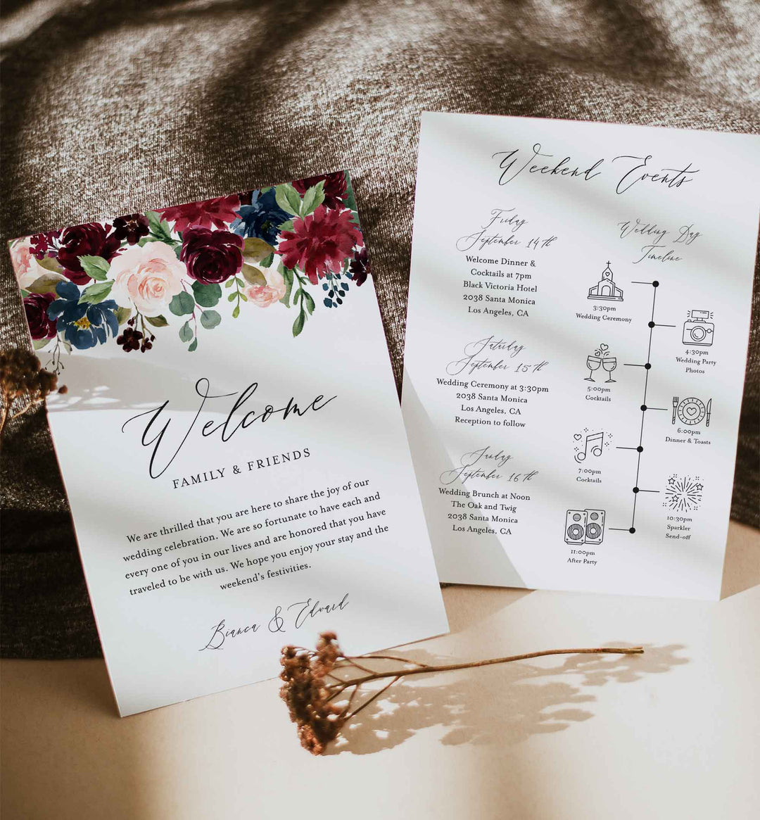 Burgundy Navy Wedding Welcome Bag Letter and Timeline or Itineraries Printable