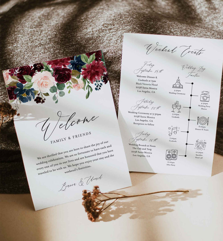 Burgundy Navy Wedding Welcome Bag Letter and Timeline or Itineraries Printable