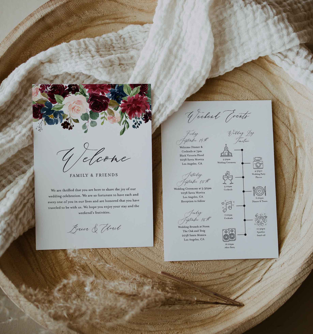 Burgundy Navy Wedding Welcome Bag Letter and Timeline or Itineraries Printable