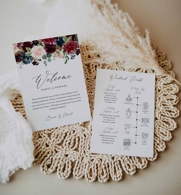 Burgundy Navy Wedding Welcome Bag Letter and Timeline or Itineraries Printable