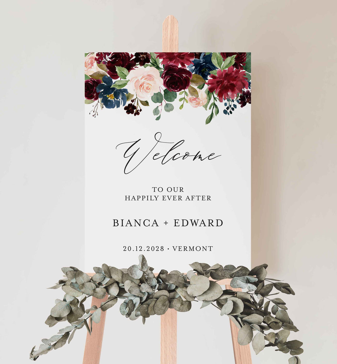 Burgundy Navy Wedding Welcome Sign Printable
