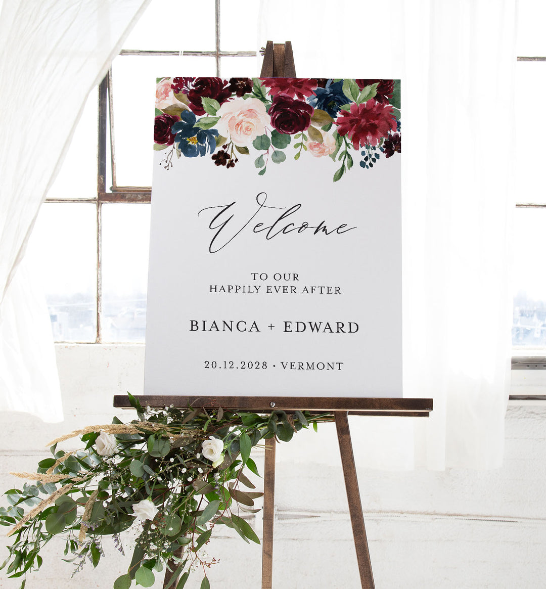Burgundy Navy Wedding Welcome Sign Printable