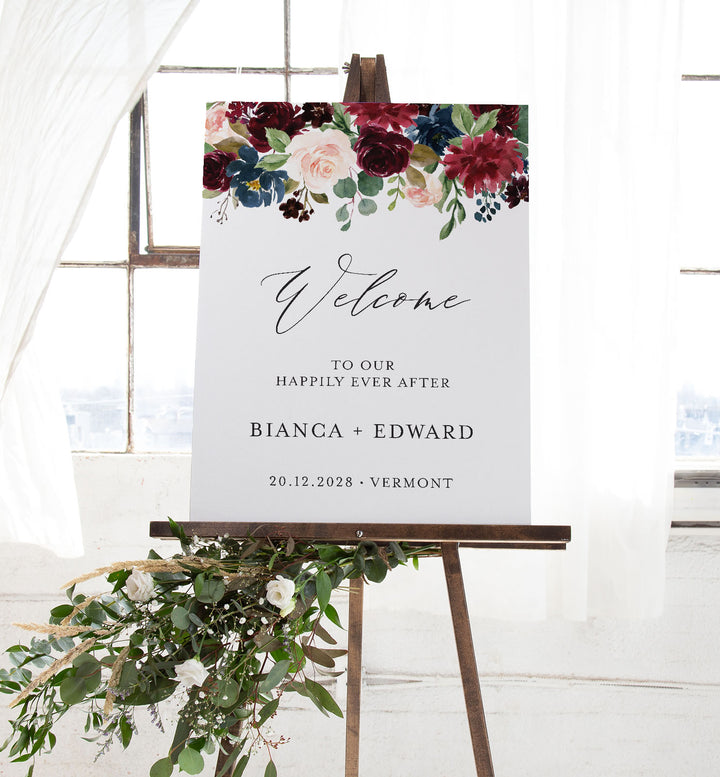 Burgundy Navy Wedding Welcome Sign Printable
