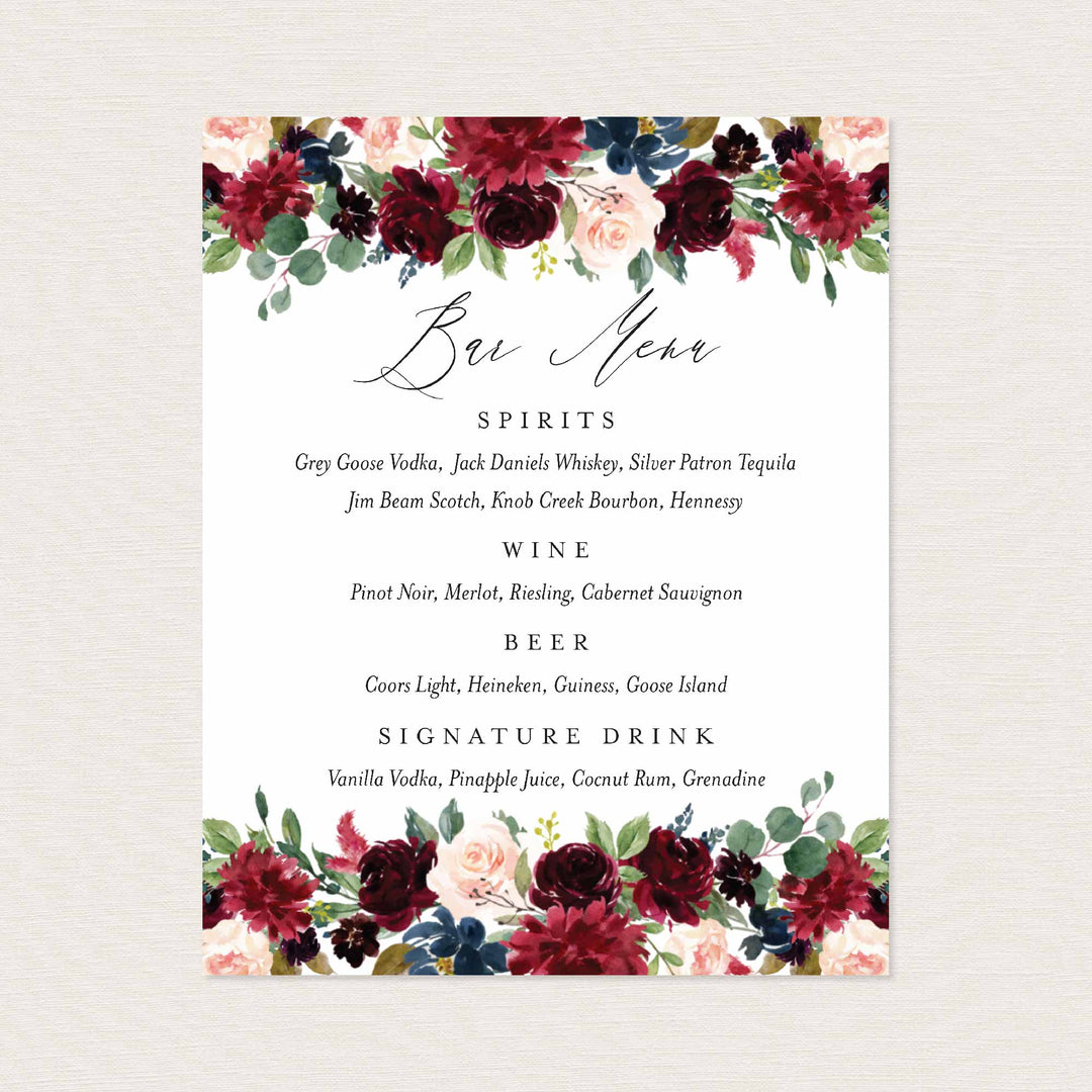 Burgundy Navy Wedding Bar Menu Sign Printable
