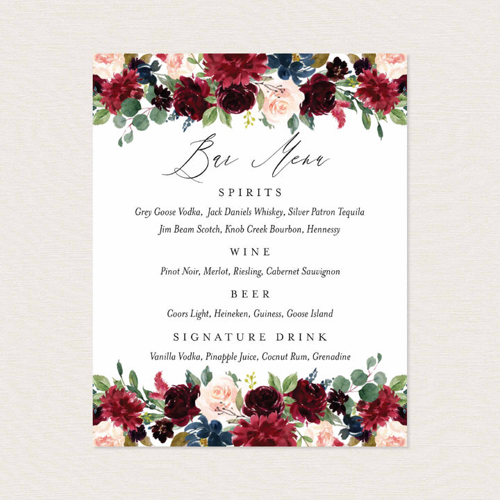 Burgundy Navy Wedding Bar Menu Sign Printable