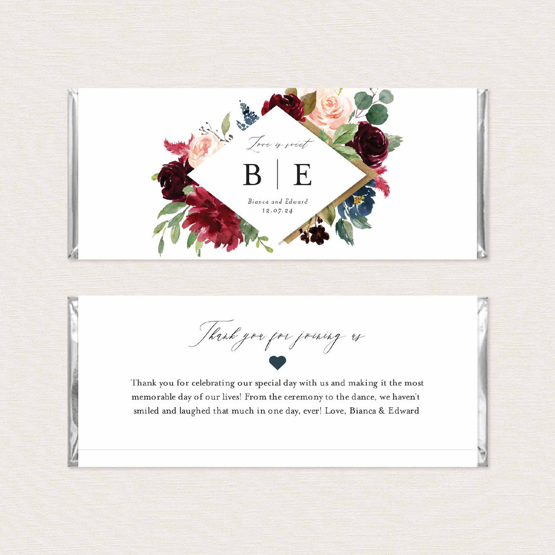 Burgundy Navy Wedding Chocolate Bar Wrapper Printable