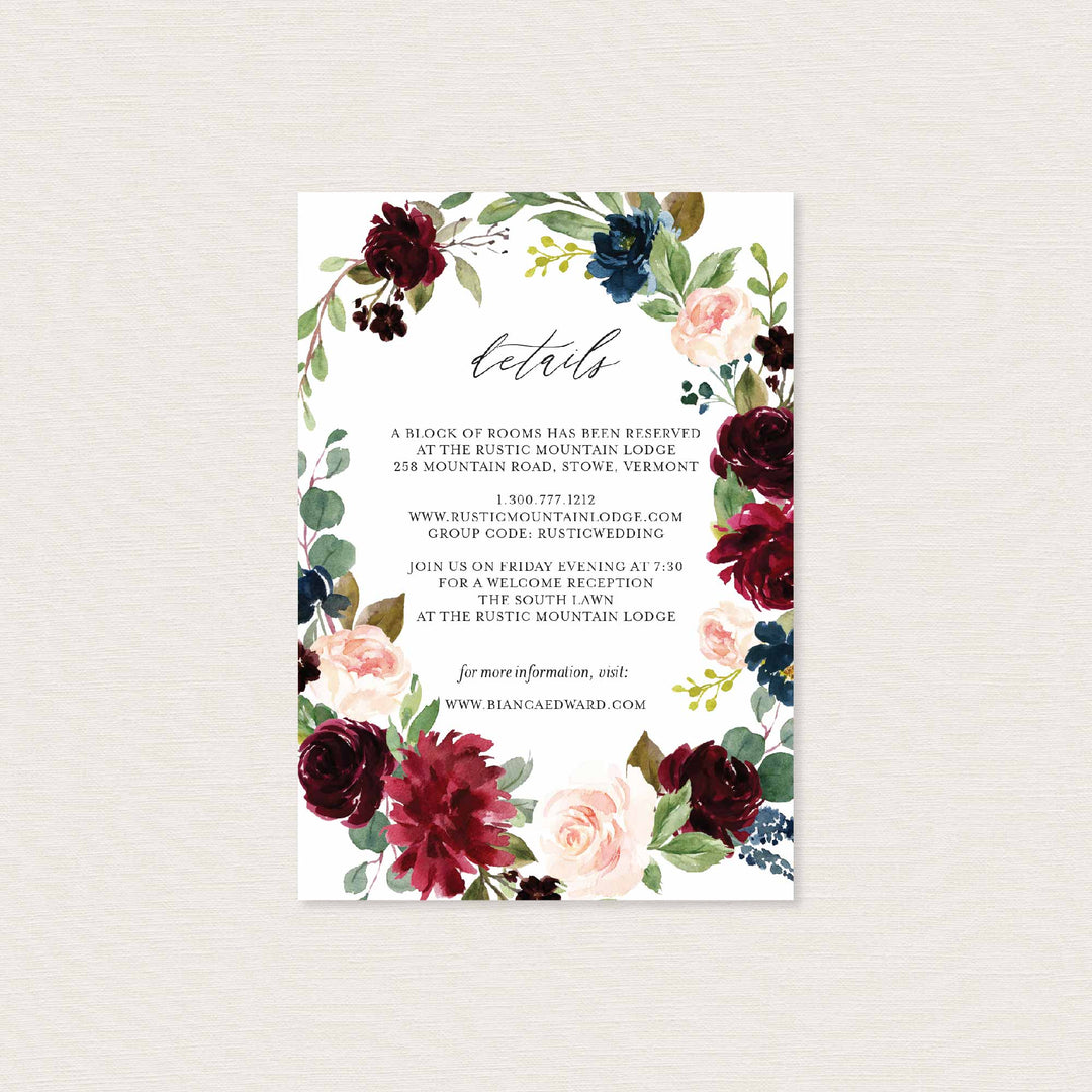 Burgundy Navy Wedding Details Card Printable