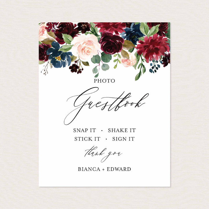 Burgundy Navy Wedding Photo Guestbook Sign Printable
