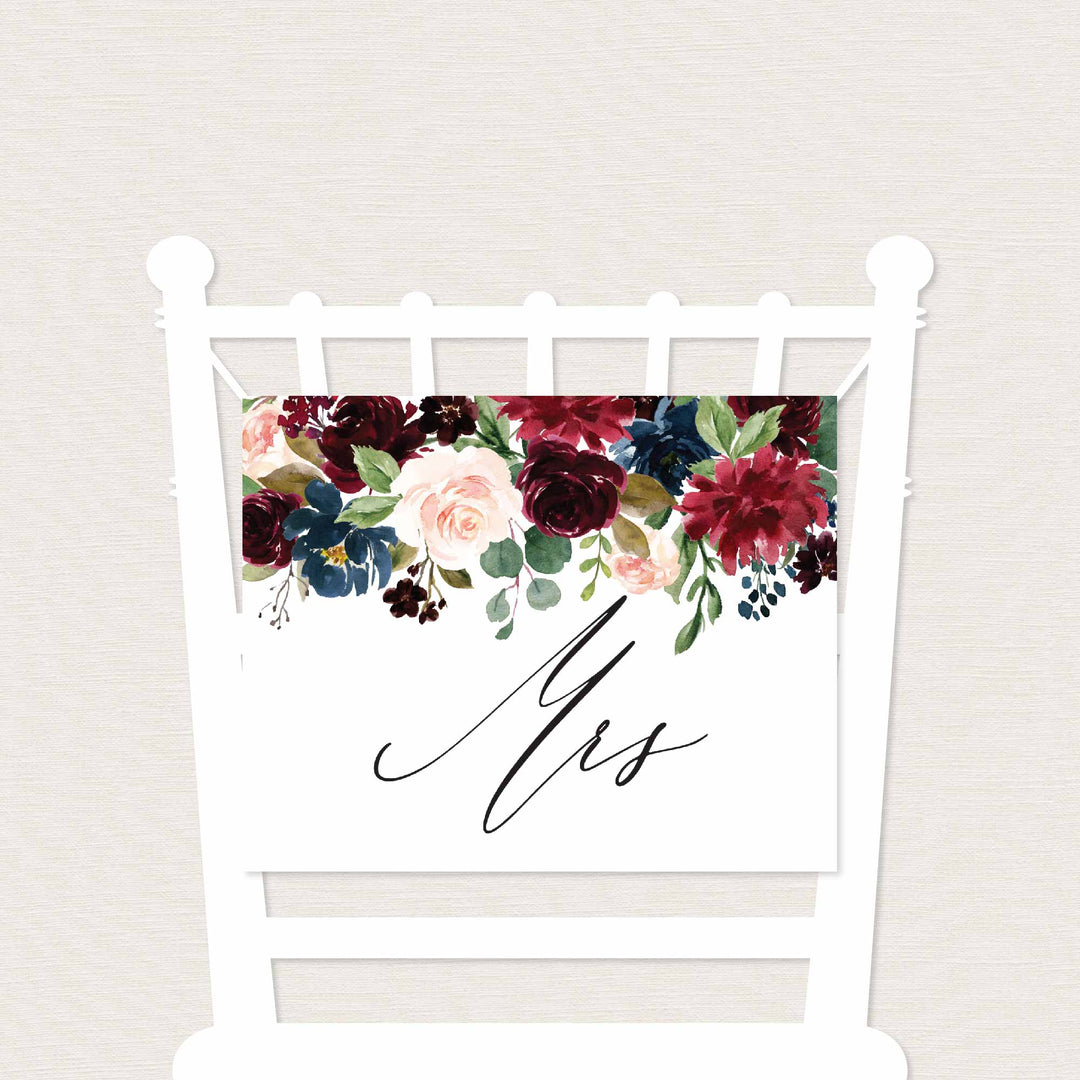 Burgundy Navy Mr and Mrs Chair Sign Printable