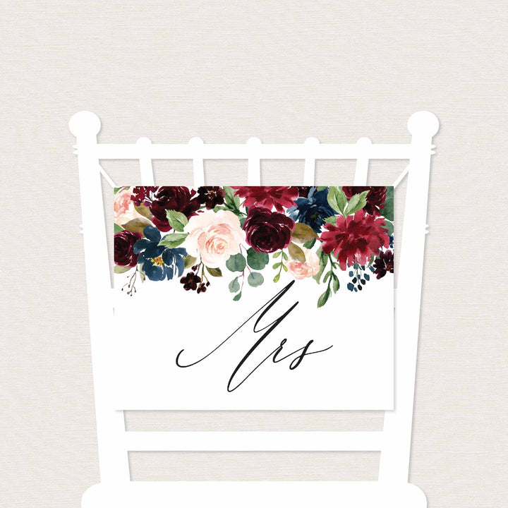 Burgundy Navy Mr and Mrs Chair Sign Printable