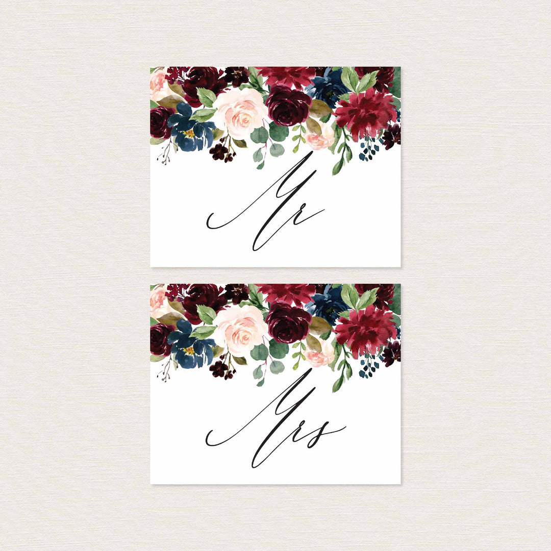 Burgundy Navy Mr and Mrs Chair Sign Printable