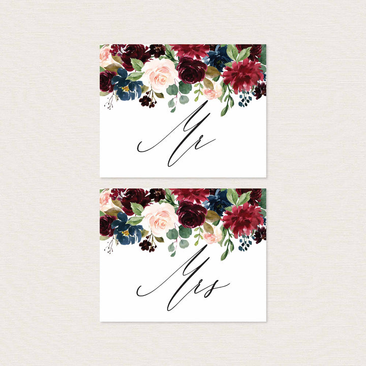 Burgundy Navy Mr and Mrs Chair Sign Printable