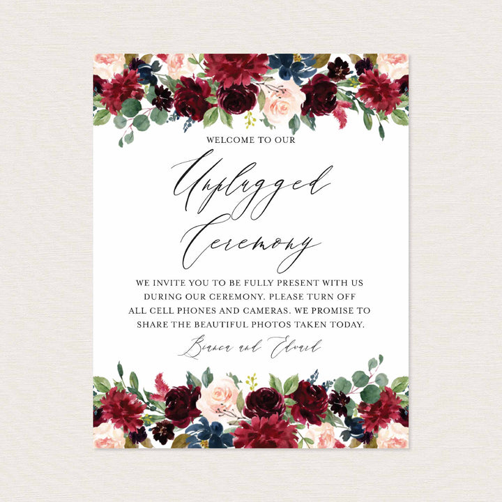 Burgundy Navy Wedding Unplugged Ceremony Sign Printable