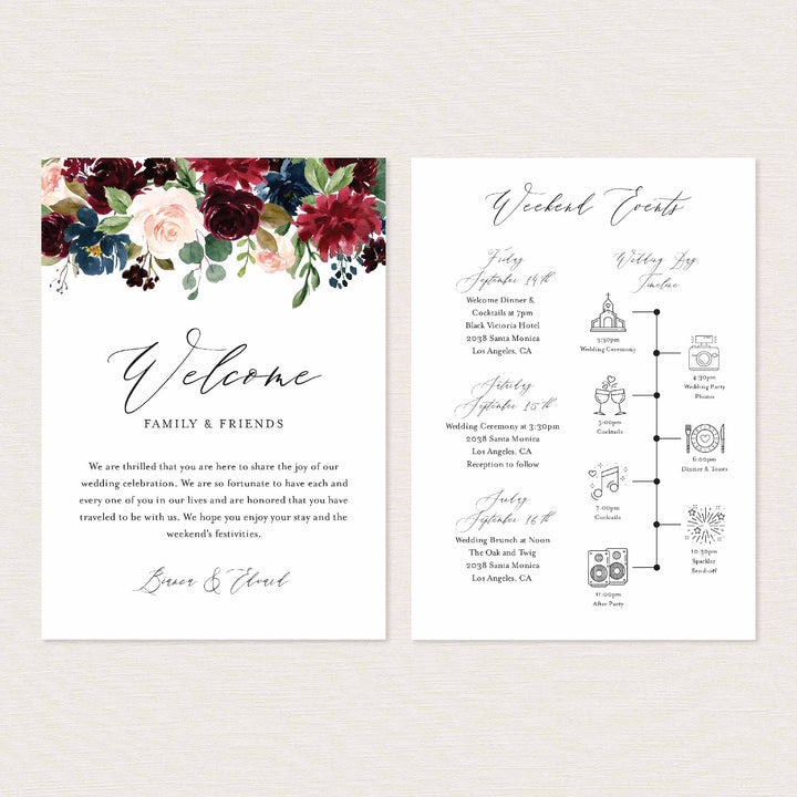 Burgundy Navy Wedding Welcome Bag Letter and Timeline or Itineraries Printable