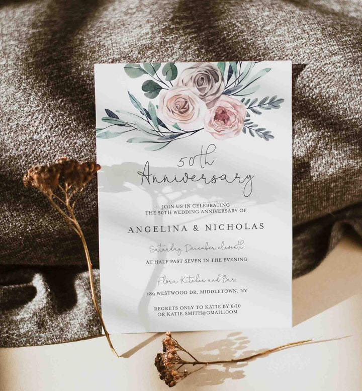 Boho Rose Wedding Anniversary Invitation Printable