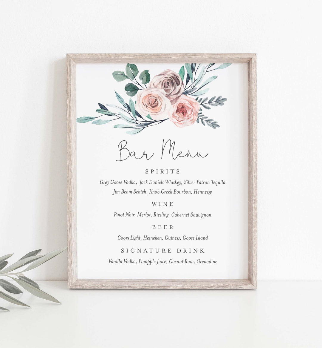 Boho Rose Wedding Bar Menu Sign Printable