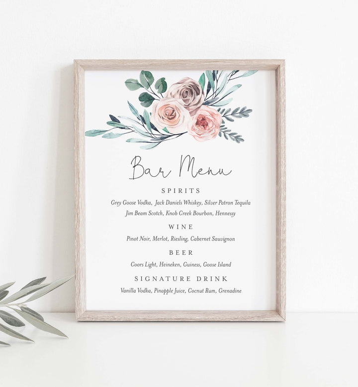 Boho Rose Wedding Bar Menu Sign Printable