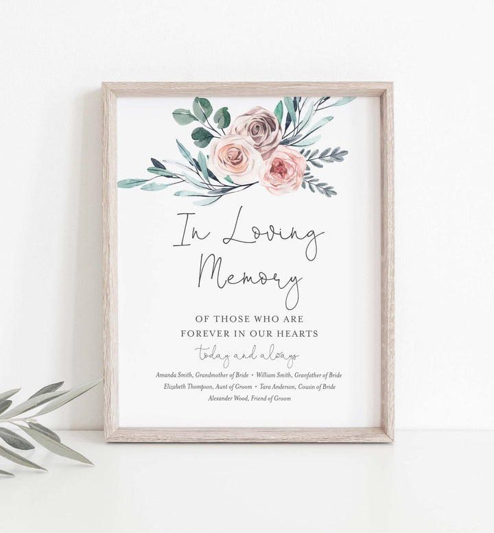 Boho Rose Wedding In Loving Memory Sign Printable