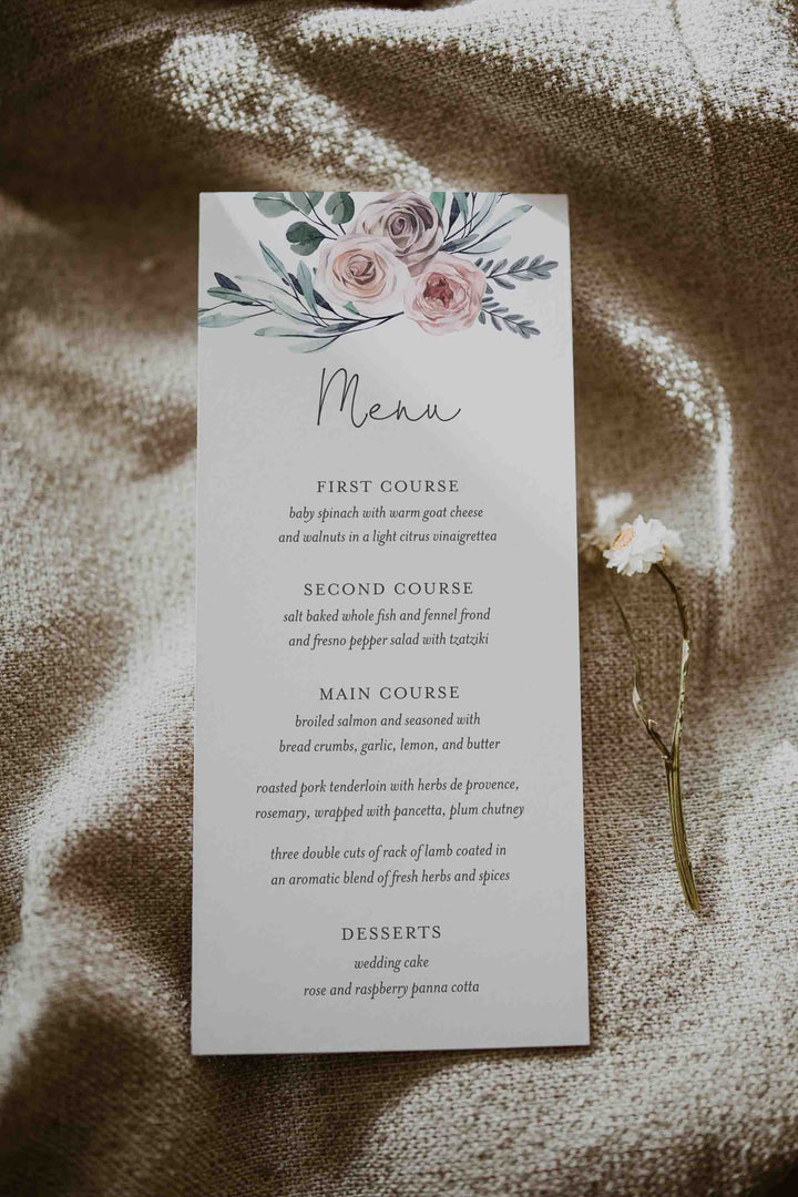 Boho Rose Wedding Menu Card Printable