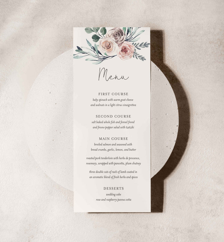 Boho Rose Wedding Menu Card Printable