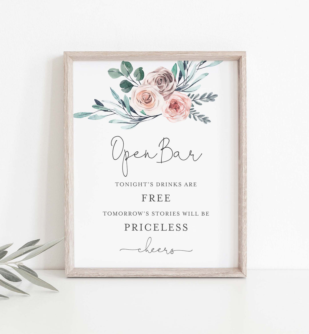 Boho Rose Wedding Open Bar Sign Printable