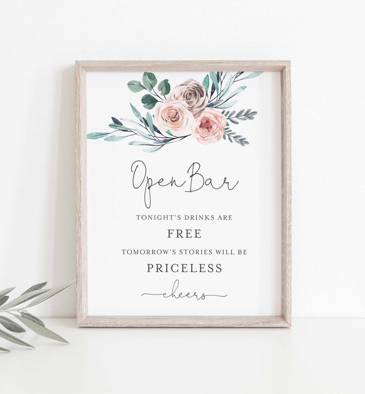 Boho Rose Wedding Open Bar Sign Printable