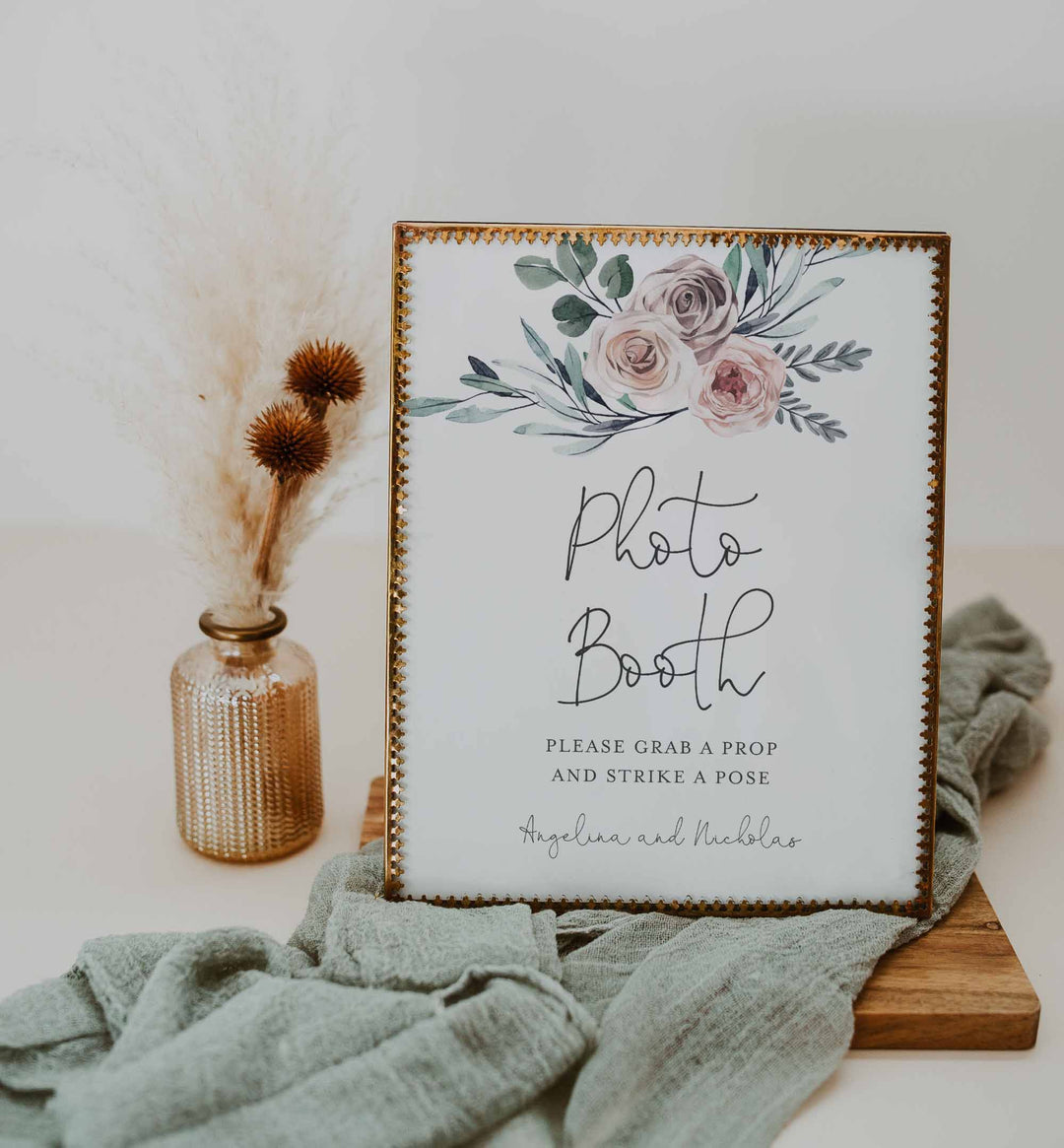 Boho Rose Wedding Photo Booth Sign Printable