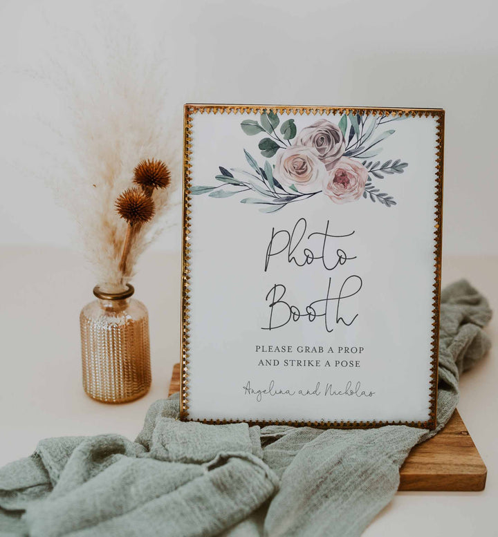 Boho Rose Wedding Photo Booth Sign Printable