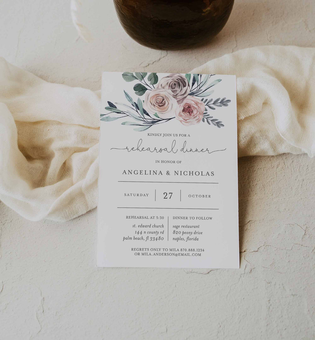 Boho Rose Wedding Rehearsal Dinner Invitation Printable