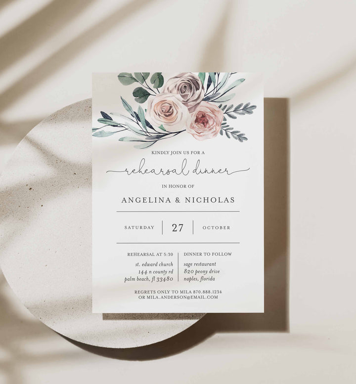 Boho Rose Wedding Rehearsal Dinner Invitation Printable