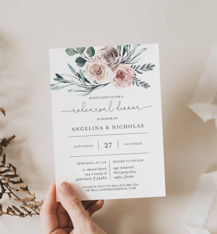 Boho Rose Wedding Rehearsal Dinner Invitation Printable