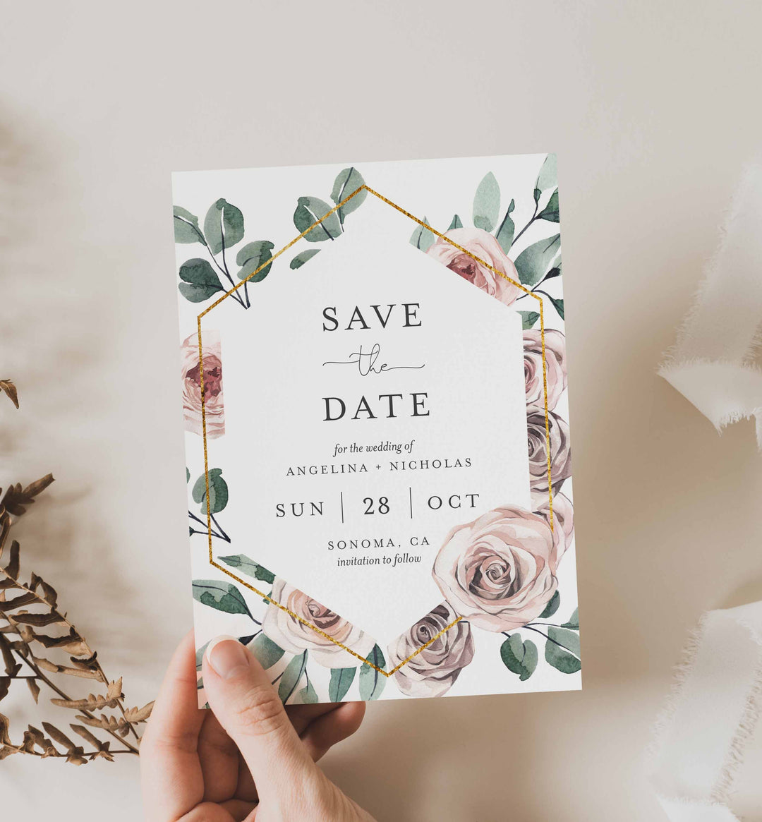 Boho Rose Wedding Save The Date Card Printable