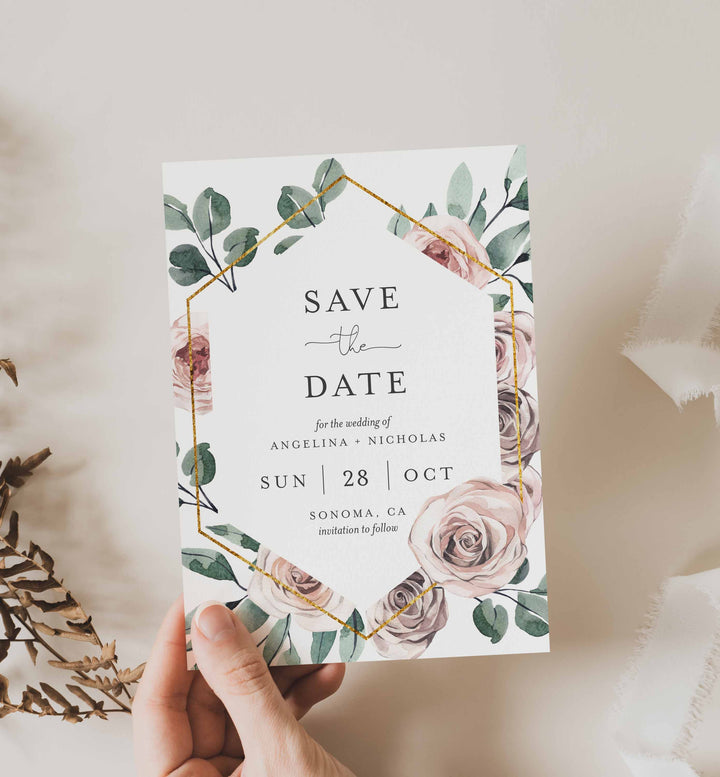 Boho Rose Wedding Save The Date Card Printable